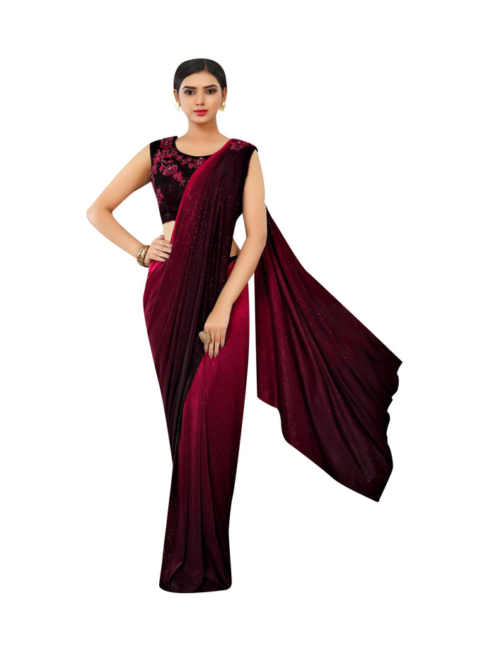 Burgundy & Black Combo Readytowear Indian Saree No Need to Drape Just Pin It - Super Easy And Comfort Wear