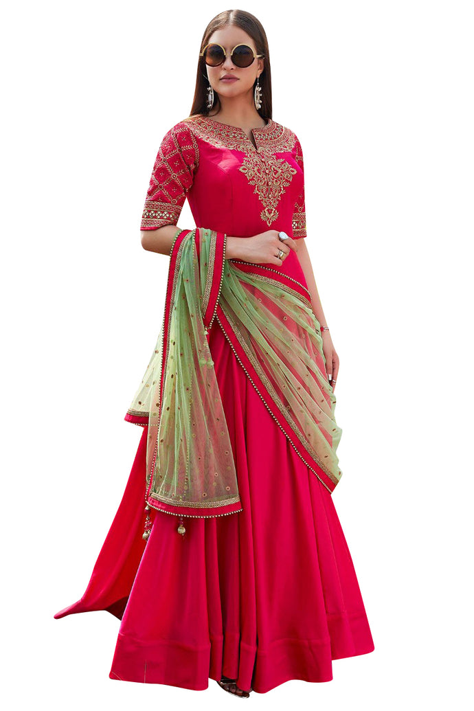 Fuschia Pink & Green Long Anarkali Dress With Dupatta