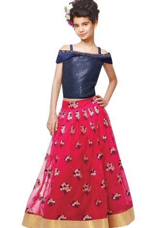 Navy Blue Top with Dark Pink Embroidery  Skirt for Girls