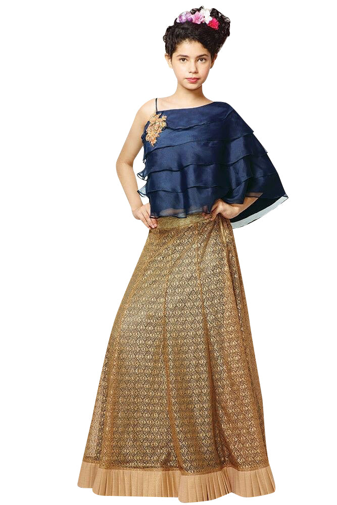 Stylish Navy Blue one shoulder croptop with gold skirt