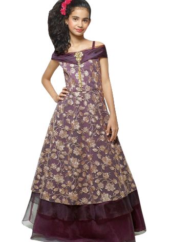 Maroon Floral Embroidery Long Gown for Girls