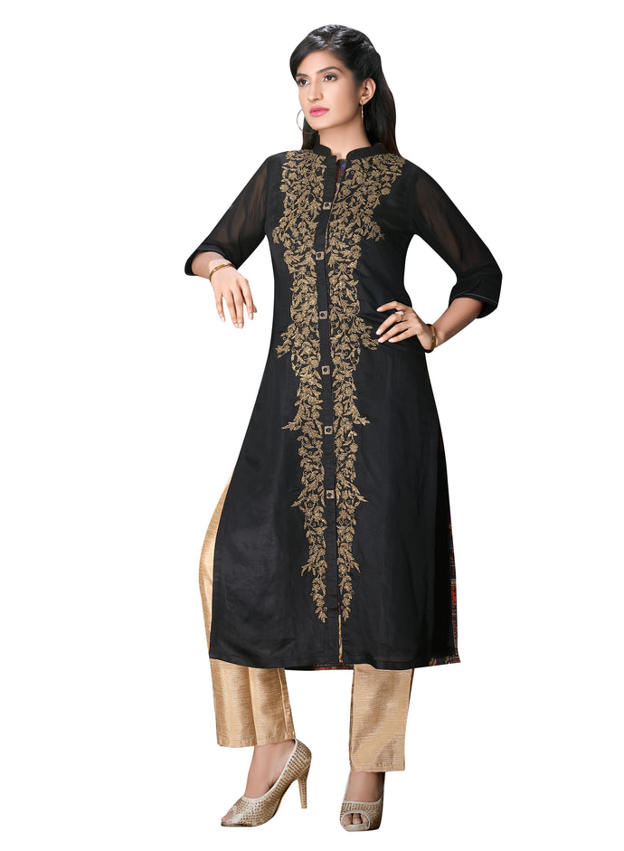 Black Georgette Gold Design Tunic / Kurta Set
