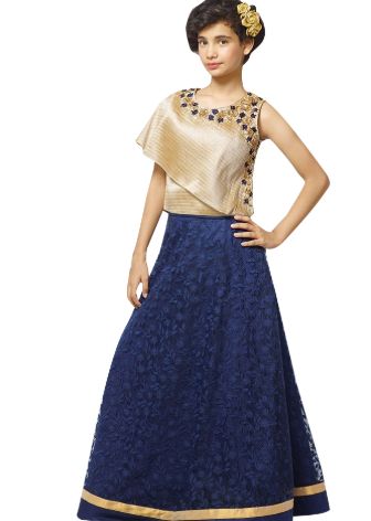 Navy Blue Embroidery Lehenga with Golden Asymmetrical Blouse for Girls