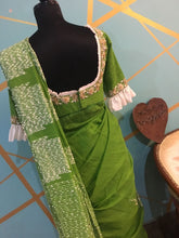 Load image into Gallery viewer, Green Matka Cotton Saree with Zardozi Work Blouse

