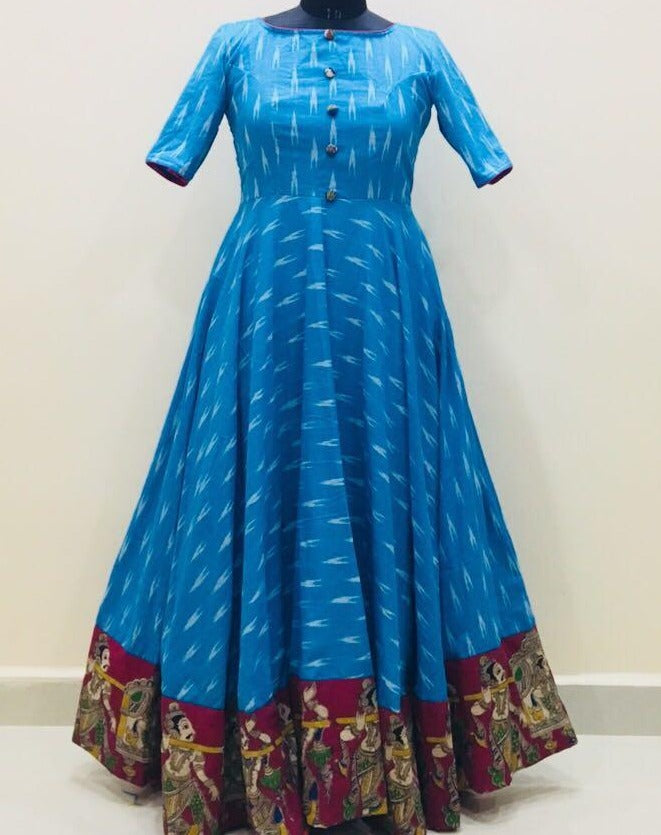 Blue Ikkat Long Frock With Kalamkari Border Blue Ikkat Long Frock With Kalamkari Border