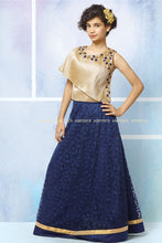 Load image into Gallery viewer, Navy Blue Embroidery Lehenga with Golden Asymmetrical Blouse for Girls

