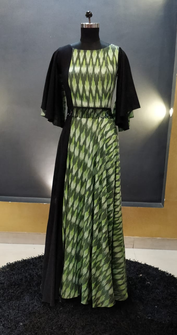 Green Ikkat Unique Style Long Frock With Bell Sleeves