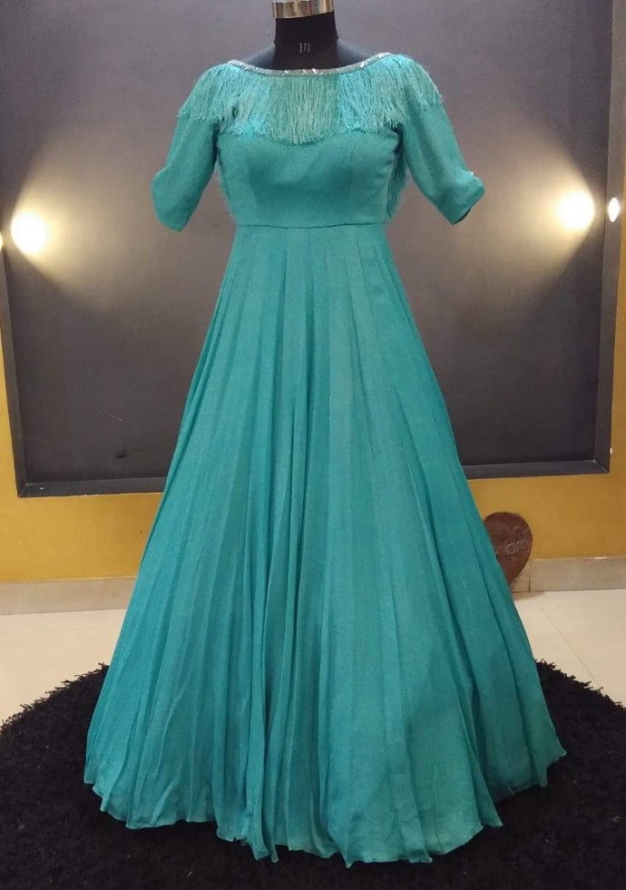 Cerulean Green Shimmer Crepe gown With Eblow Sleeves