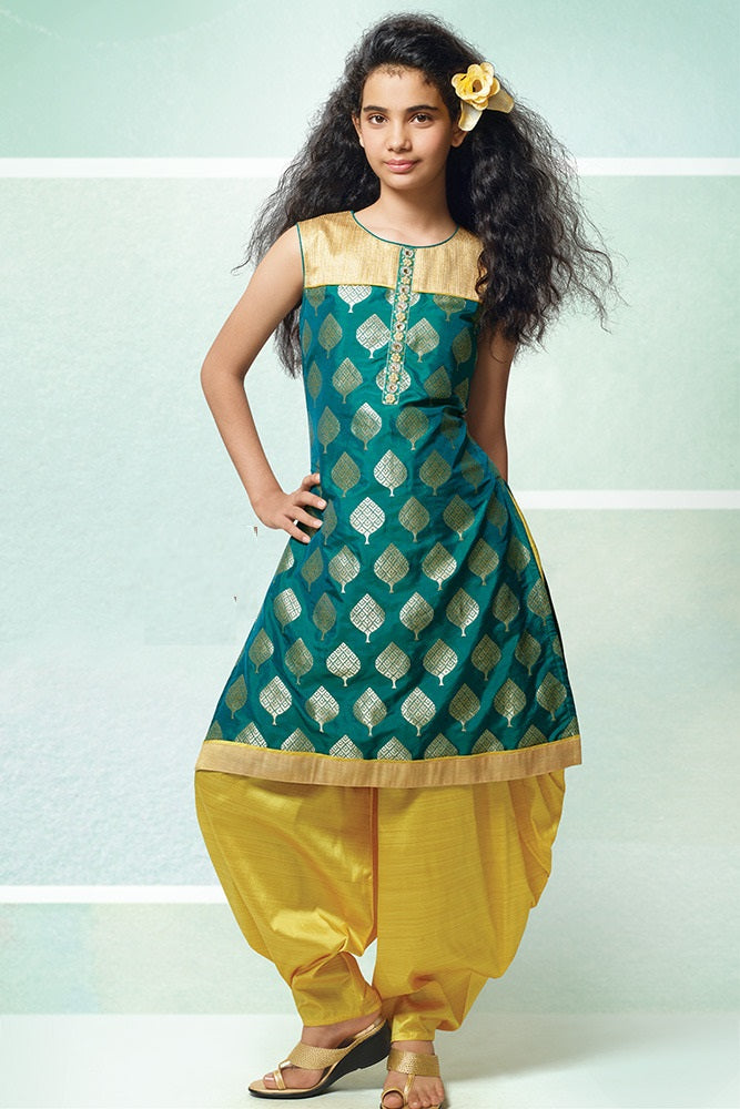 Green & Yellow  Patiyala Pant Top Set for Girl