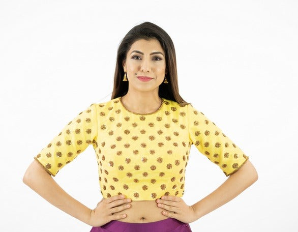 Bright Yellow Sequence Hand Work Raw Silk Crop-Top Blouse