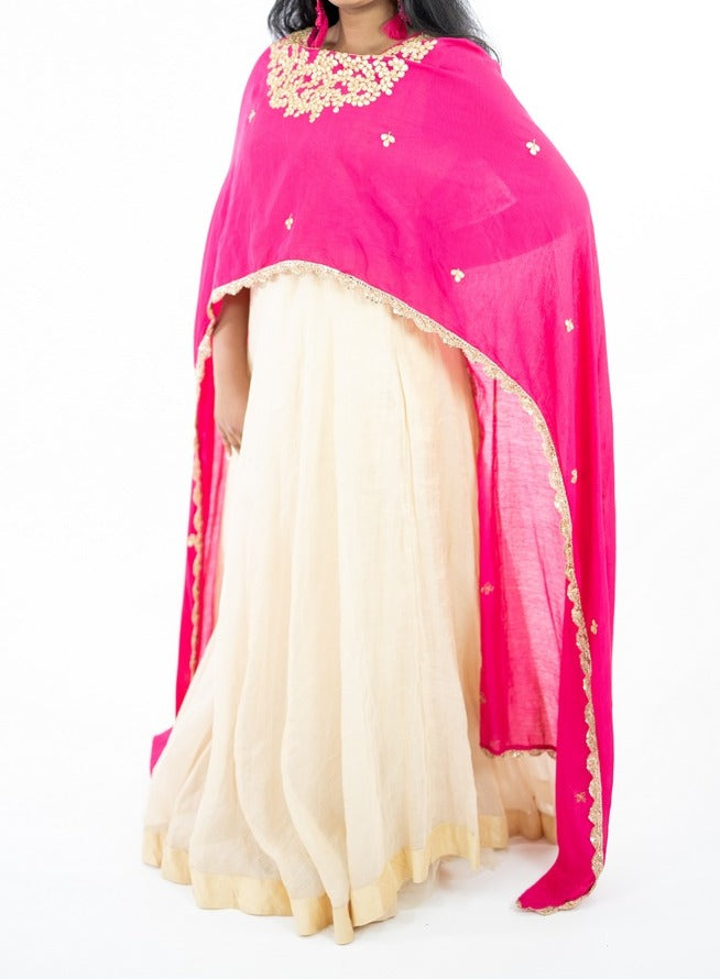 Cream Color Long Dress With Pink Gotta Work Attached Dupatta