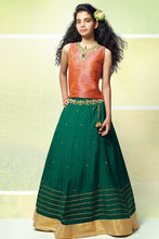 Load image into Gallery viewer, Amithi&#39;s Green &amp; Peach  Bollywood Style Crop Top Lehenga Set
