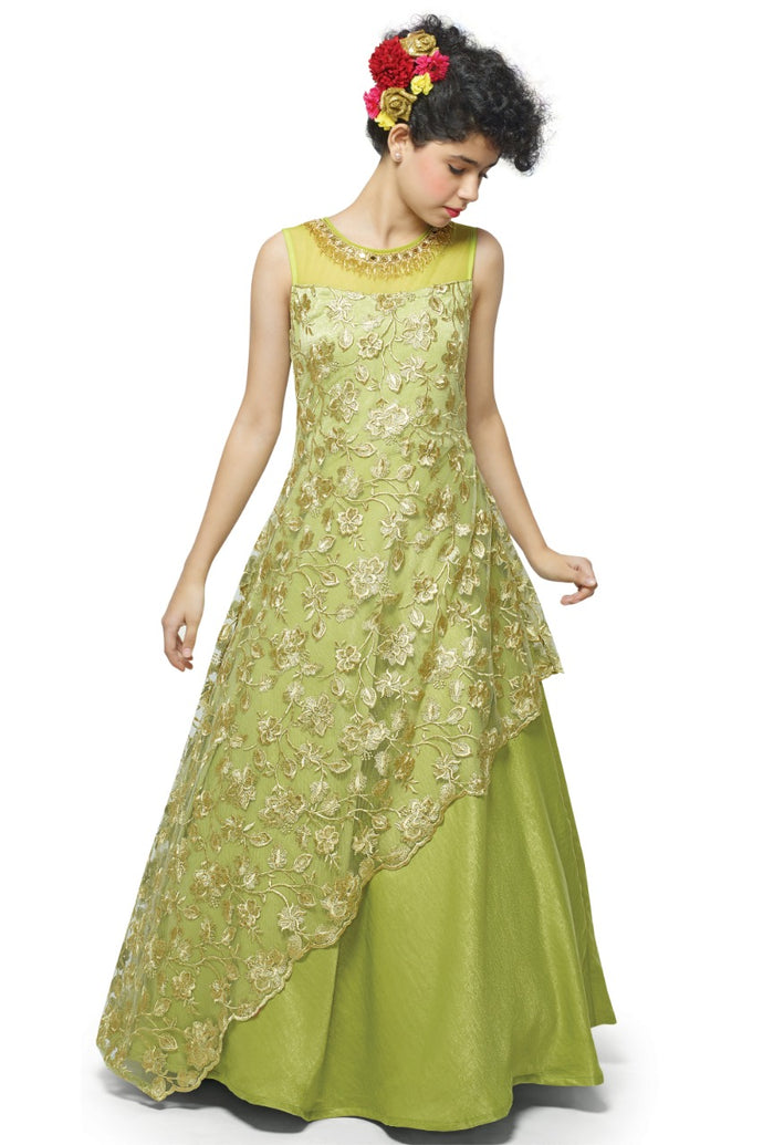 Beautiful Light Green Floral Gown for Girls
