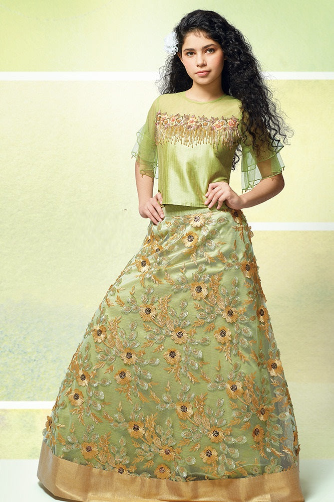 Lime Green Heavy Work Crop Top Lehenga Set