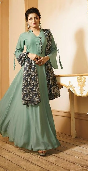Sea Green Printed-Embroidered Cotton Blend Gown With Dupatta