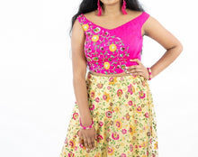 Load image into Gallery viewer, Pink Floral Raw Silk Work Blouse with Yellow Embroidery Floral Skirt
