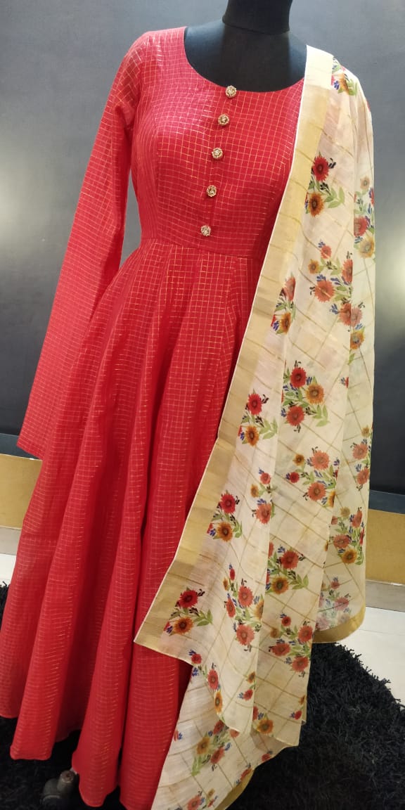 Red Zari Checks Chenderi Silk Long gown With Floral Dupatta